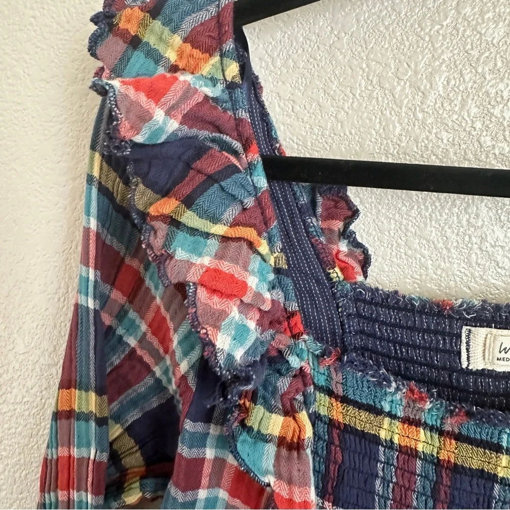 Free People Navy Sienna Plaid Long Sleeve Top‎ Sz Medium
